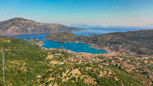 Aerial drone photo of the port of Vathi and Lazaretto island from the mountain in Ithaca Greece