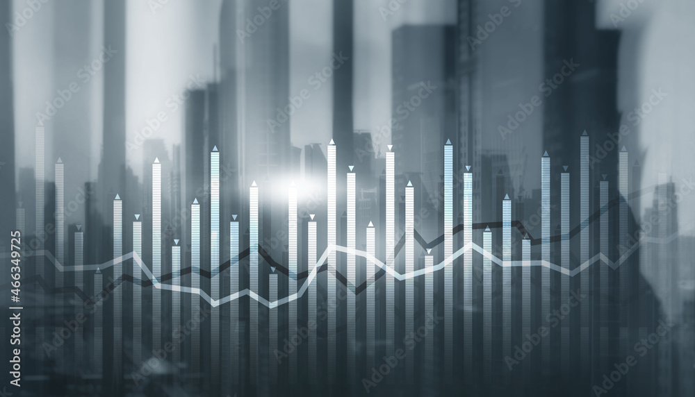 Histogram and lines economic chart on modern architecture background Histogram and lines economic chart on modern architecture background