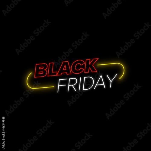 black friday neon tag, black sale discount, yellow sale title with black. modern sale stamp. Yellow, white and red. neo sale light
