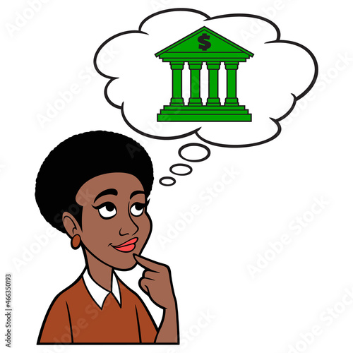 Woman thinking about a Bank - A cartoon illustration of a Woman thinking about finding a new bank to put saving into.