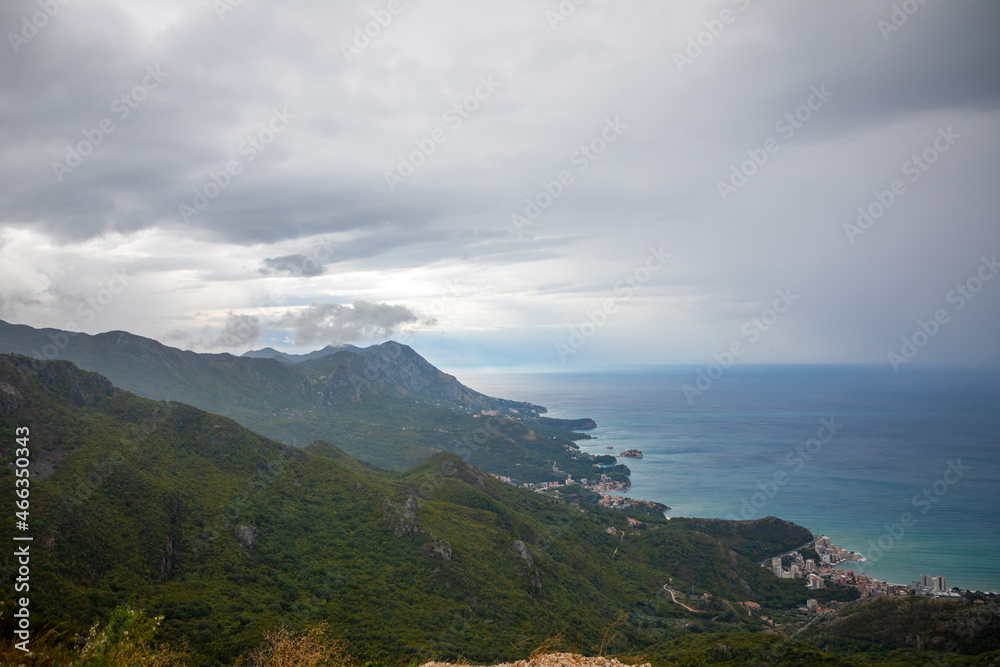 Summer Budva riviera coastline panorama landscape in Montenegro. View from the top of the mountain road.