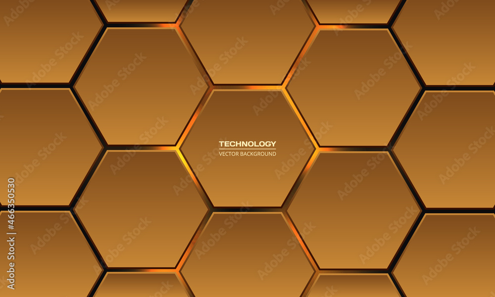 Gold 3d hexagonal technology vector abstract background. Yellow bright energy flashes under hexagon in modern technology futuristic background vector illustration. Orange honeycomb texture grid.