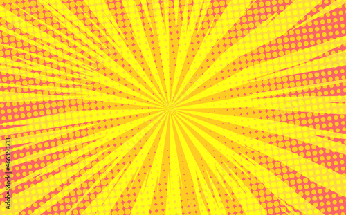 Pop art radial colorful comics book magazine cover. Striped yellow digital background. Cartoon funny retro pattern strip mock up. Vector halftone illustration. Starburst shape