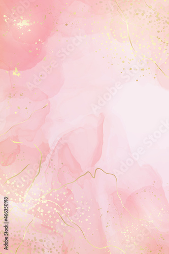 Pastel rose pink liquid watercolor background with golden cracks. Blush marble alcohol ink drawing effect. Vector illustration design template for wedding invitation, menu, rsvp