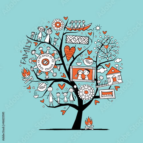 Family Life. Concept Tree. Parents and Grandparents. Family House. Sketch for...