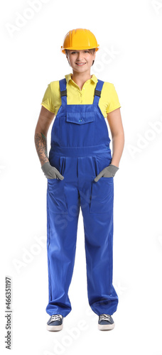 Female construction worker in uniform on white background