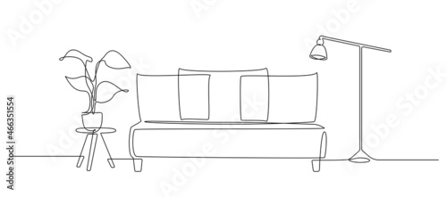 Continuous one line drawing of sofa and loft lamp and table with plant. Living room interior in stylish apartment. Modern furniture in simple Linear style. Doodle vector illustration