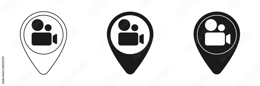 Icon. Black and white video camera icon. Map label. Illustration