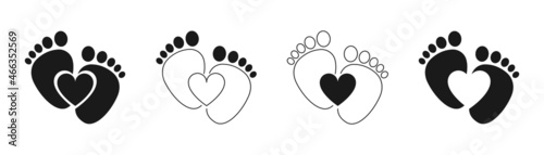 Baby foot barefoot heart icon. Set.