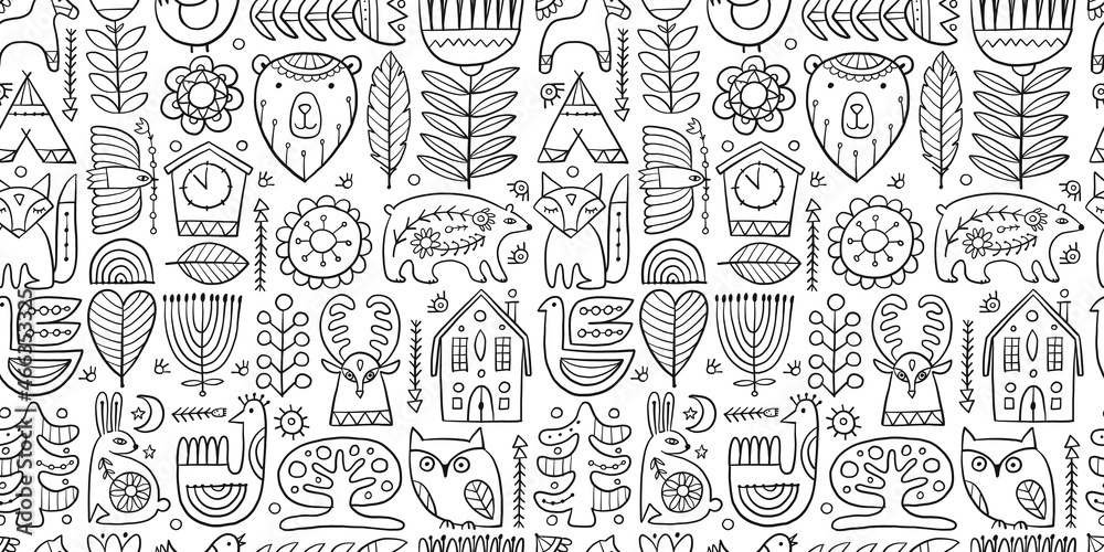 Nordic Ornament. Forest Animals, Folk Background. Seamless pattern for your design Nordic Ornament. Forest Animals, Folk Background. Seamless pattern for your design
