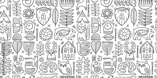 Nordic Ornament. Forest Animals, Folk Background. Seamless pattern for your design