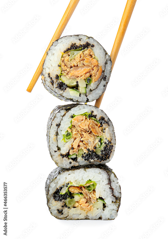 Chopsticks with tasty maki rolls on white background Chopsticks with tasty maki rolls on white background