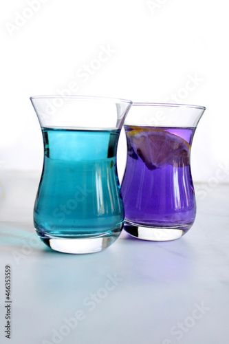 Healthy drinks, organic blue butterfly pea flower tea background copy space top view