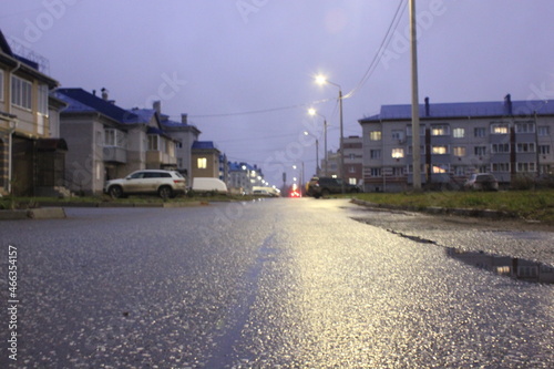asphalt, city, street, buildings, evening, lights