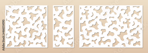 Laser cut patterns. CNC cutout silhouette with abstract geometric texture, fluid forms, organic shapes. Decorative panel for laser cutting of wood, metal, paper, plastic. Aspect ratio 1:1, 1:2, 3:2