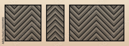 Laser cut panel set. Vector template with abstract geometric patterns, lines, stripes, chevron, zigzag. Decorative stencil for laser cutting of wood, metal, plastic, paper. Aspect ratio 1:1, 1:2, 3:2