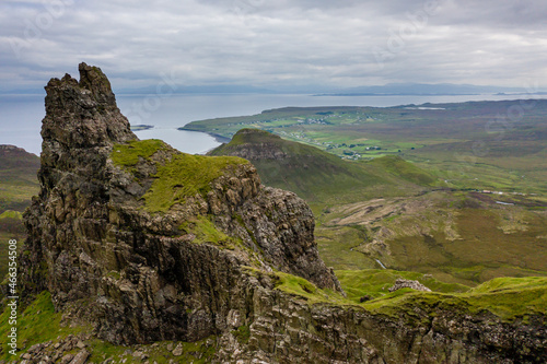 Aerial view of spectacular jagged rock formations at a remote, highlands location (Quiraing, Isle of Skye)