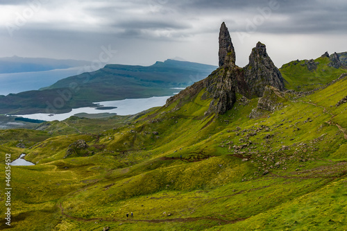 Dramatic stormy skies, sunbeams and mountain scenery at Storr, Isle of Skye
