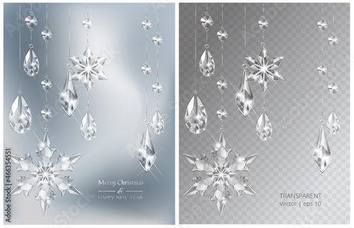 Vector Christmas background with realistic transparent glass snowflakes and decoration. Sparkling translucent crystals