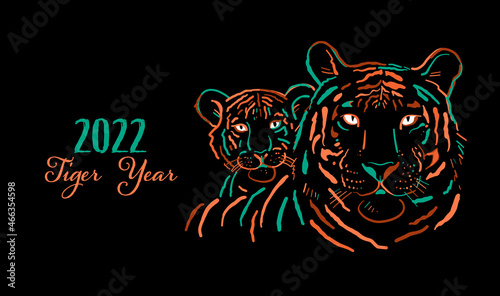 Greeting card with Tigers family. Symbol of 2022 New Year. Design Template fo...