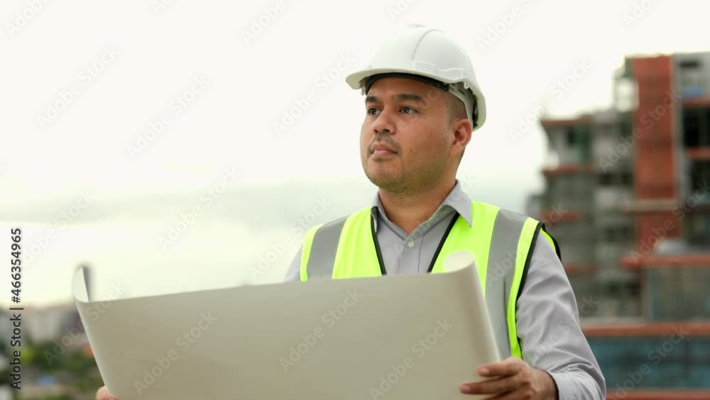 Asian engineer handsome man or architect looking blueprint with white safety helmet in city construction site . Standing with paperwork on rooftop building construction at capital. Asian engineer handsome man or architect looking blueprint with white safety helmet in city construction site . Standing with paperwork on rooftop building construction at capital.