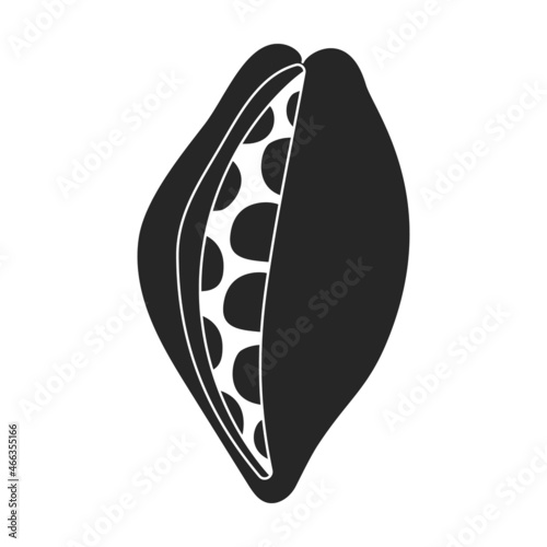 Cocoa bean isolated black illustration icon. Vector illustration chocolate fruit on white background. Vector black icon cocoa bean.