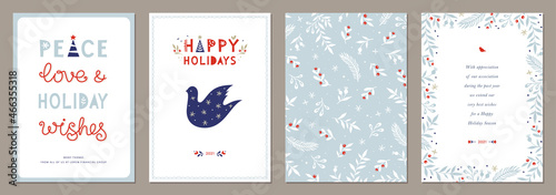 Merry and Bright Corporate Holiday cards. Modern abstract creative universal artistic templates with Christmas Tree, Christmas dove, bird, floral frames and backgrounds.