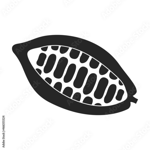 Cocoa bean isolated black illustration icon. Vector illustration chocolate fruit on white background. Vector black icon cocoa bean.