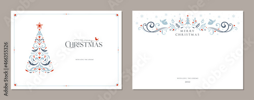 Merry and Bright Horizontal Holiday cards. Christmas, Holiday templates with greetings, Christmas Tree, bird, ornate banner or header and copy space.
