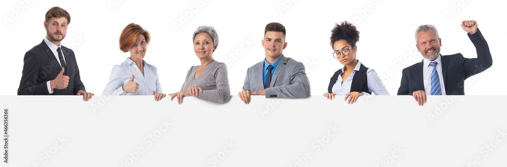 Business group with banner on white Business group with banner on white