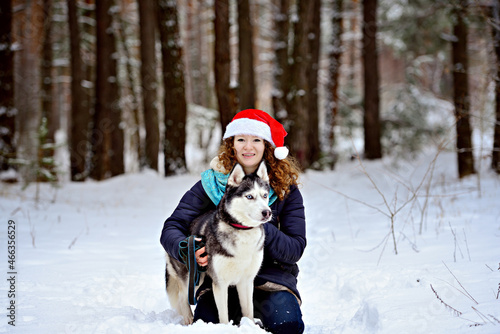 Young laughing girl in a Christmas hat with a Husky dog in the winter forest. She sits and hugs her dog. She looks into the camera lens. Horizontal orientation.