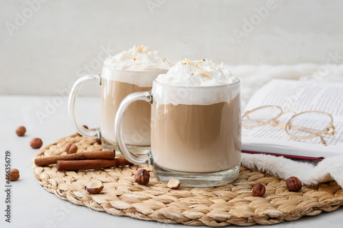 Glass cups of tasty latte w...