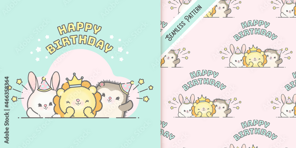 Cute animals birthday card for kids and seamless pattern