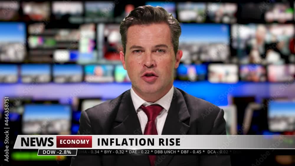 Male television anchor at news desk presenting business news, economic crisis, inflation, 