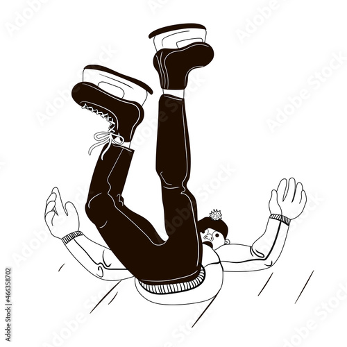 The guy fell while skating, he slipped and lies on the ground. Black and white drawing. Stock vector illustration isolated on a white background.