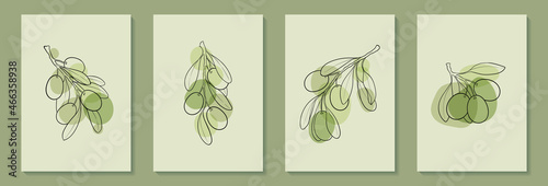 Set of creative minimalist hand draw illustrations floral outline olive pastel green simple shape for wall decoration, postcard or brochure cover design