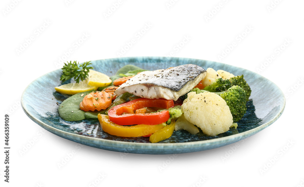 Plate of tasty sea bass fish with vegetables on white background Plate of tasty sea bass fish with vegetables on white background