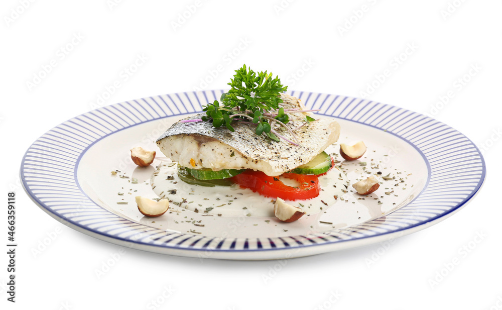 Plate of tasty sea bass fish with vegetables on white background Plate of tasty sea bass fish with vegetables on white background