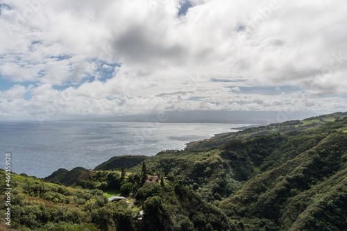 Scenic panoramic aerial view of the Maui north shore from the Waihee Ridge trail in early morning, Hawaii © Alex Krassel