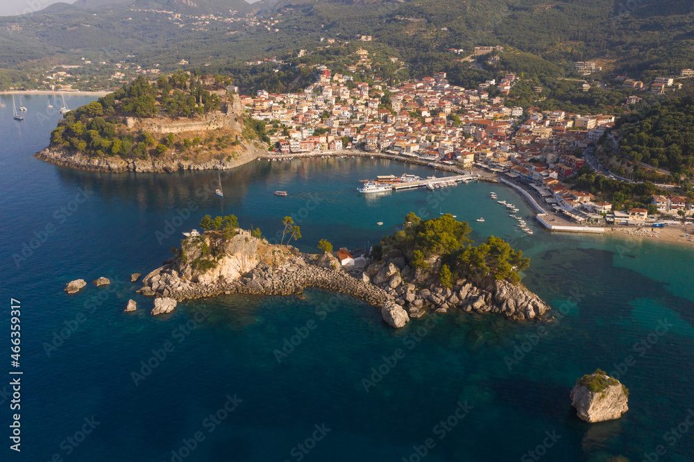 Aerial shot of church on island at the port town of Parga in West Greece Preveza