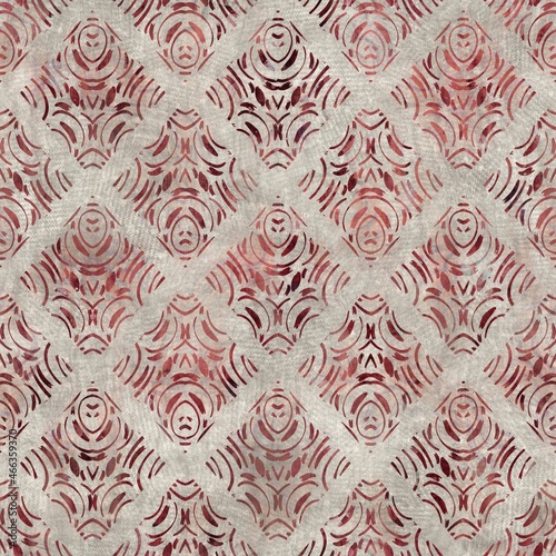 Seamless tribal ethnic damask rug motif for surface pattern design and print. High quality illustration. Grungy trendy boho design in red and textured cream. Resembles indian mehndi henna. Diamond geo