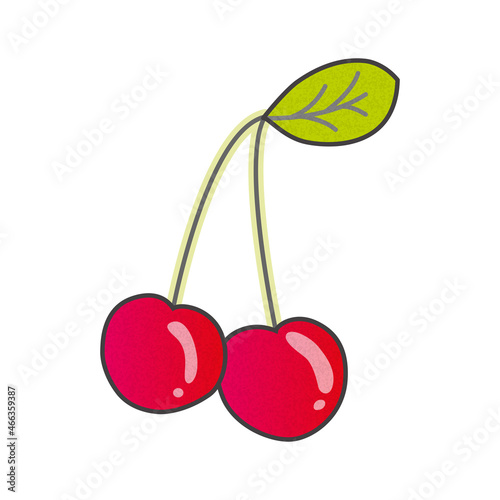 Naturalistic Drawn ripe double cherry on a branch with a leaf. Vector Illustr...