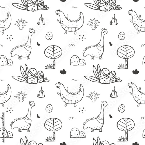 Dinosaur park seamless pattern in hand drawn doodle style. Vector illustration. Print for fabric, children's clothing, posters, packaging.