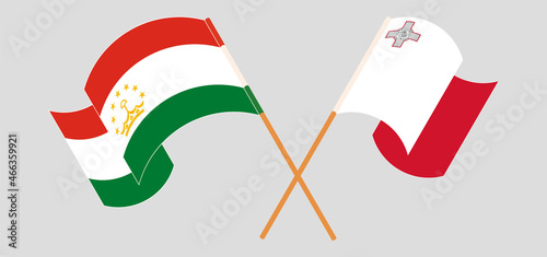 Crossed and waving flags of Tajikistan and Malta photo