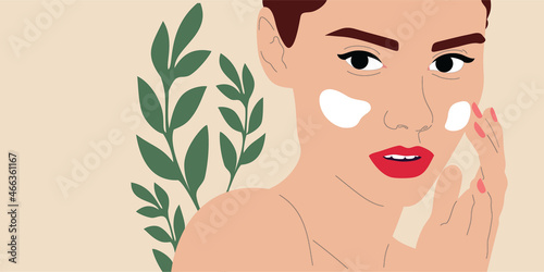 A young girl applies a facial care product. Skin care beauty vector illustration concept.