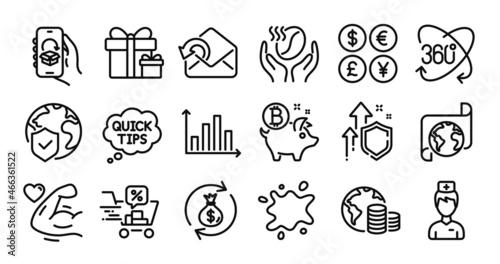 Doctor, Dirty spot and Quick tips line icons set. Secure shield and Money currency exchange. Delivery app, World insurance and Budget icons. Strong arm, Money exchange and Coffee signs. Vector