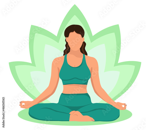 Faceless yoga girl in lotus position in green top and leggings. Meditation poster or logo for Yoga studio or Health and Beauty center.