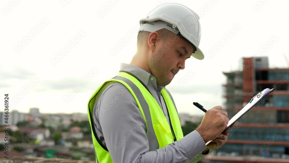 Inspector engineer handsome man or architect looking clipboard with white safety helmet in city construction site. Checking with checklist on rooftop building construction at capital. Inspector engineer handsome man or architect looking clipboard with white safety helmet in city construction site. Checking with checklist on rooftop building construction at capital.