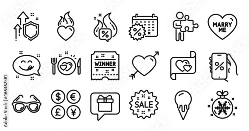 Marry me, Heart flame and Calendar discounts line icons set. Secure shield and Money currency exchange. Sale, Love and Puzzle icons. Hot offer, Yummy smile and Love letter signs. Vector