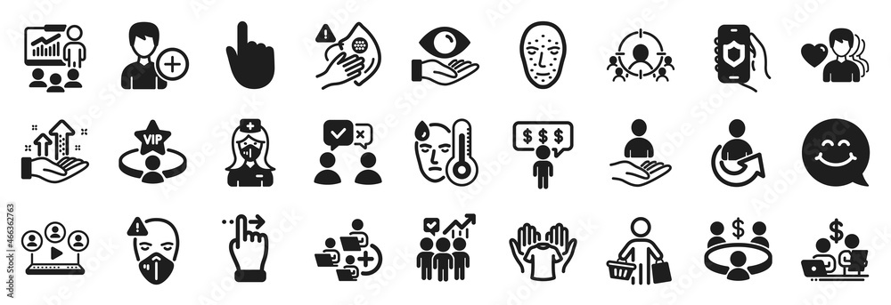 Set of People icons, such as Share, Video conference, Touchscreen gesture icons. Face biometrics, Meeting, Buyer signs. Presentation, Nurse, Hold t-shirt. Dirty mask, Man love, Add person. Vector Set of People icons, such as Share, Video conference, Touchscreen gesture icons. Face biometrics, Meeting, Buyer signs. Presentation, Nurse, Hold t-shirt. Dirty mask, Man love, Add person. Vector